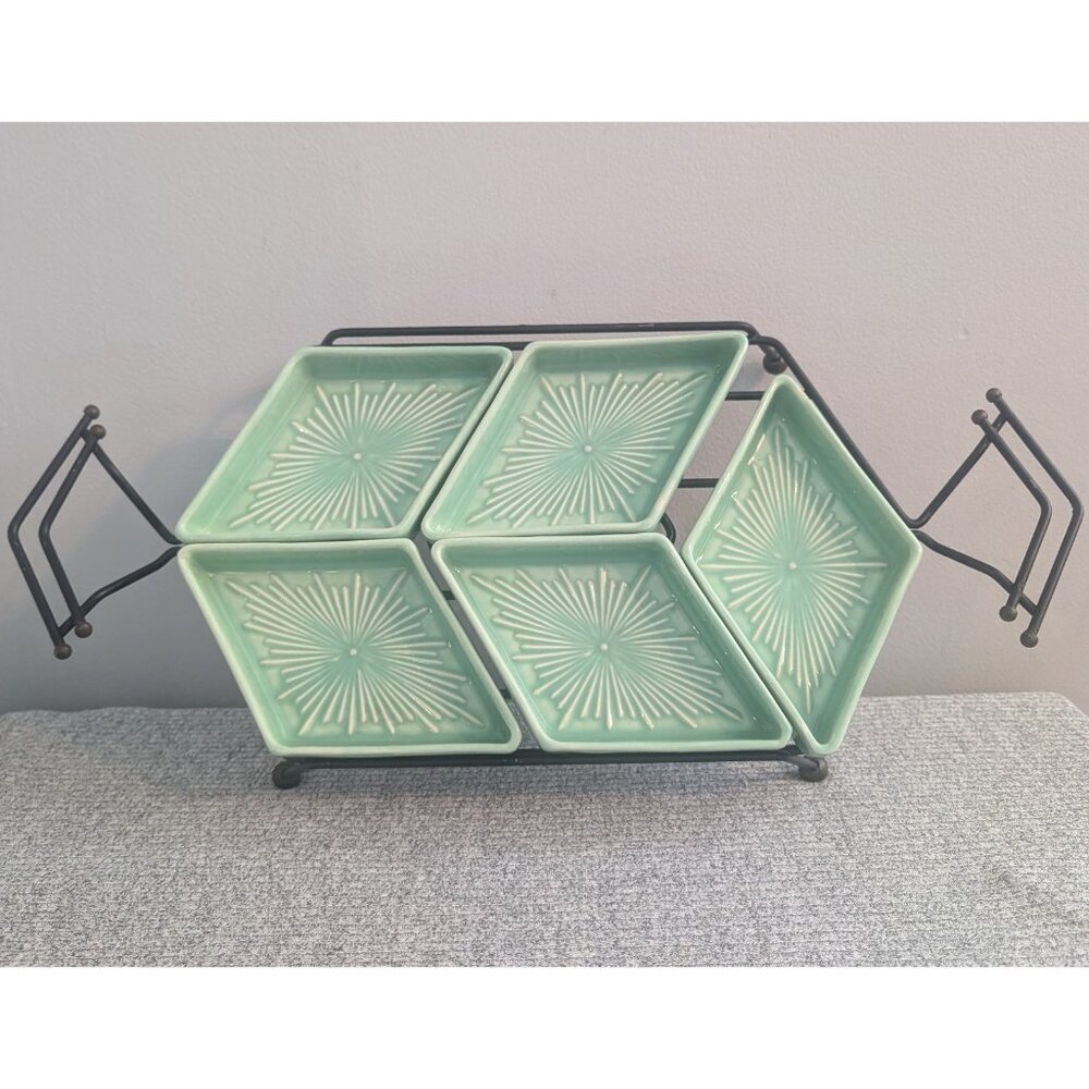 Green/Teal Glazed Ceramic Party/Snack Tray on Wire Frame, Vintage/MCM, 5pc